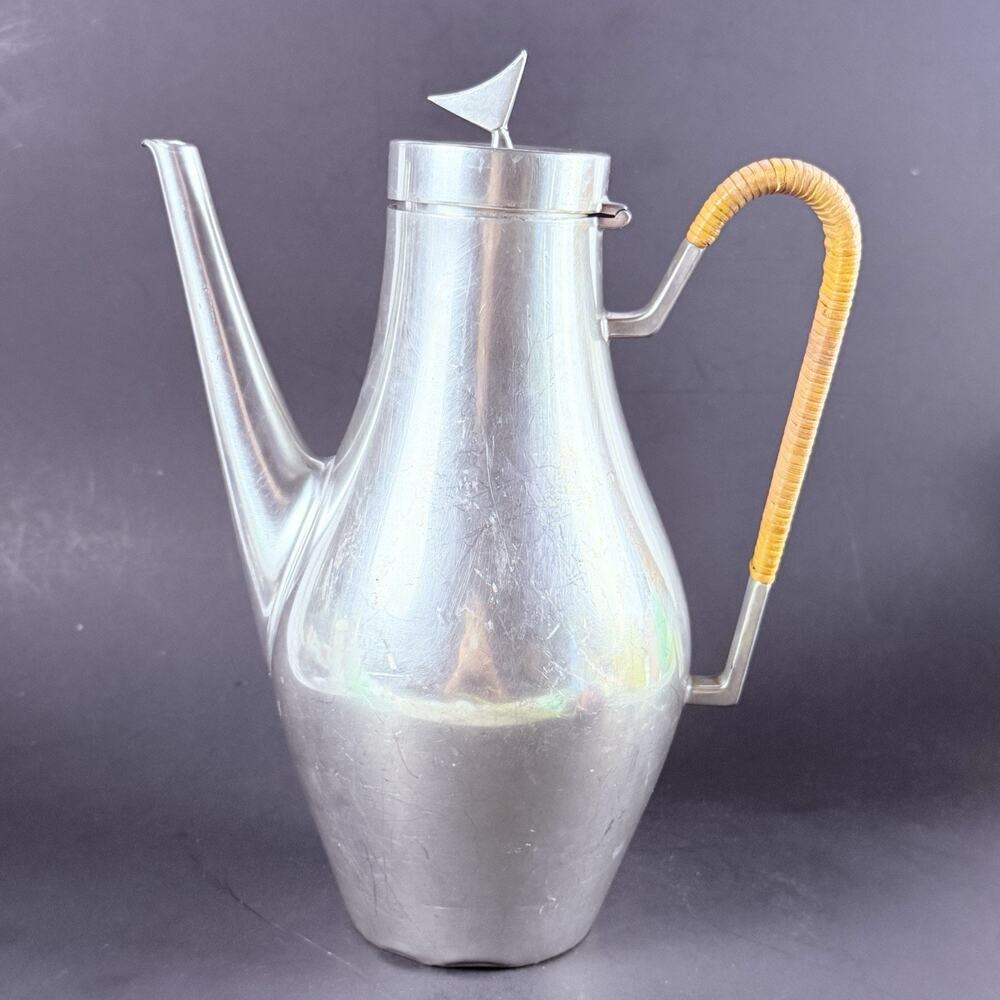 Reed & Barton Pewter MCM Coffee Tea Pot Set Danish Modern Rattan Handle Atomic - Picture 13 of 16